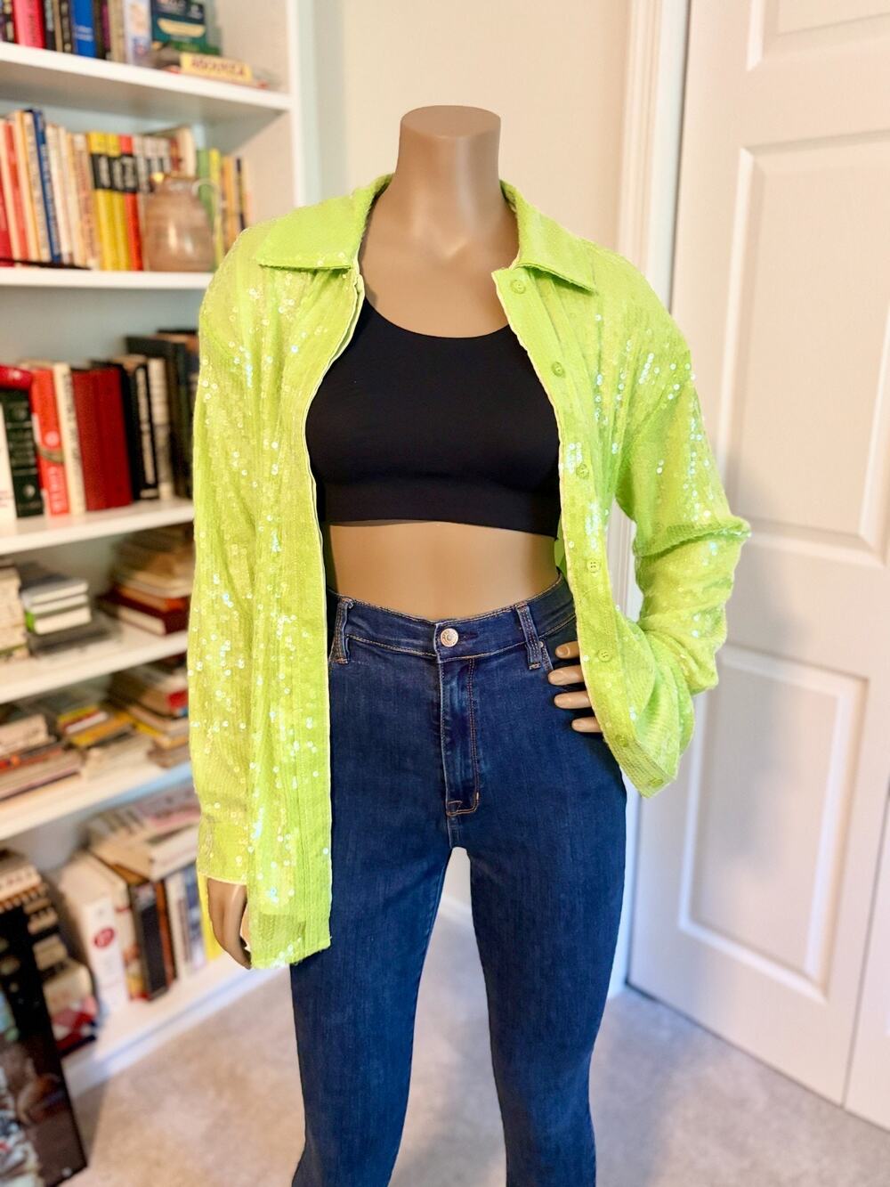 Sequin Shirt Lime Green Nasty Gal Collection Size 6 Sheer Button Down Disco